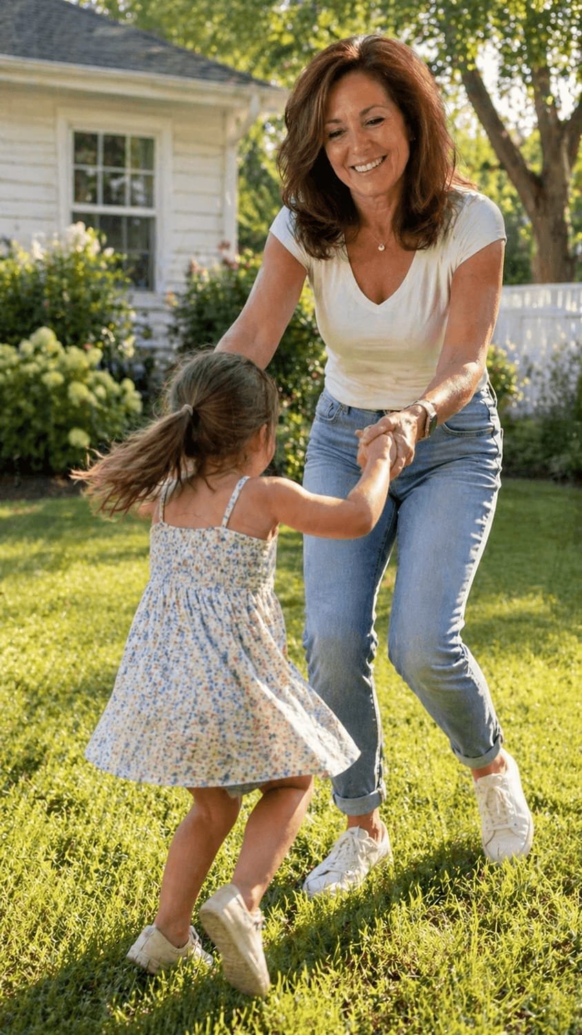Grandmother playing joyfully in the yard with her granddaughter