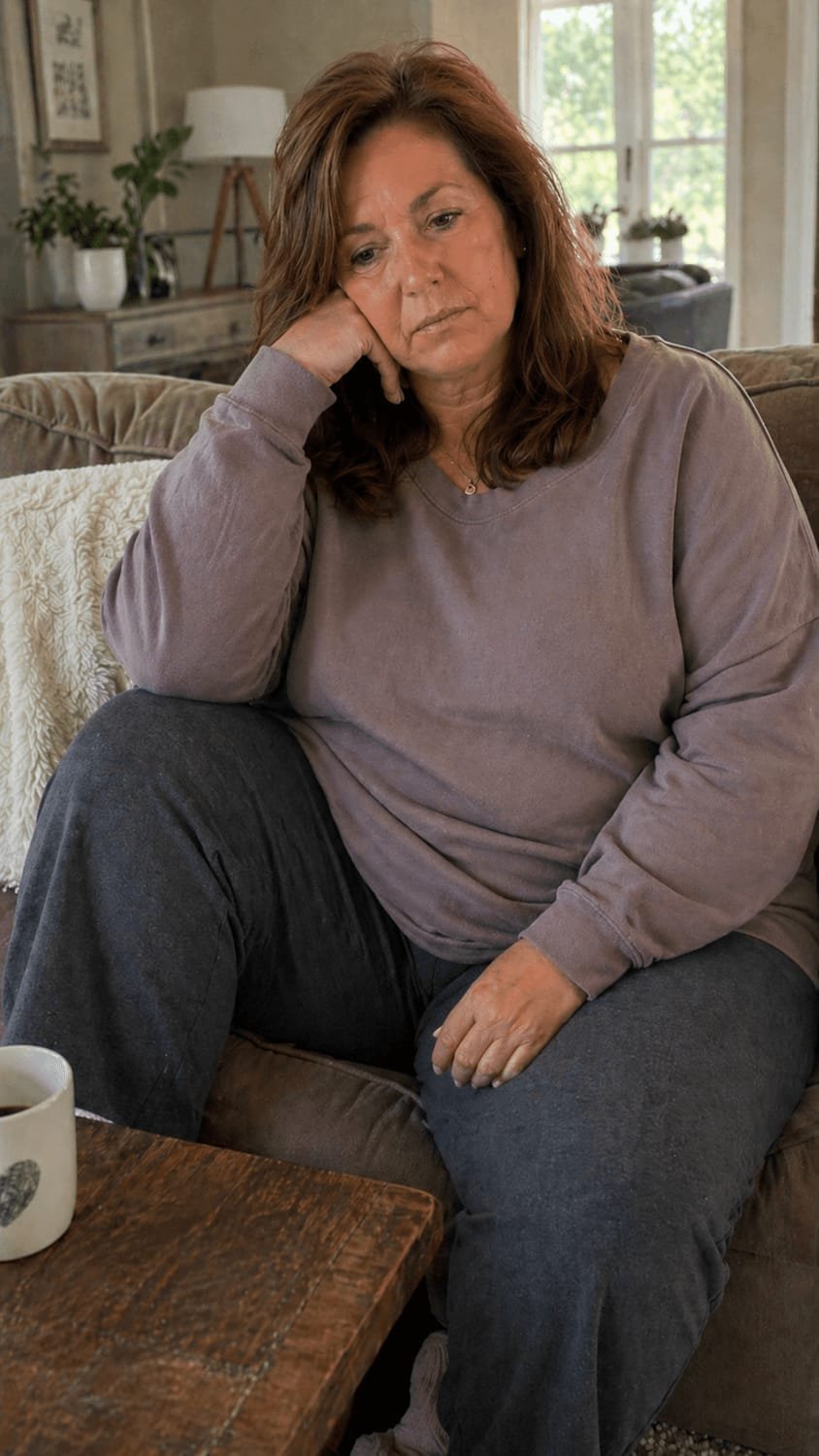 A tired woman sitting on the couch with her morning coffee